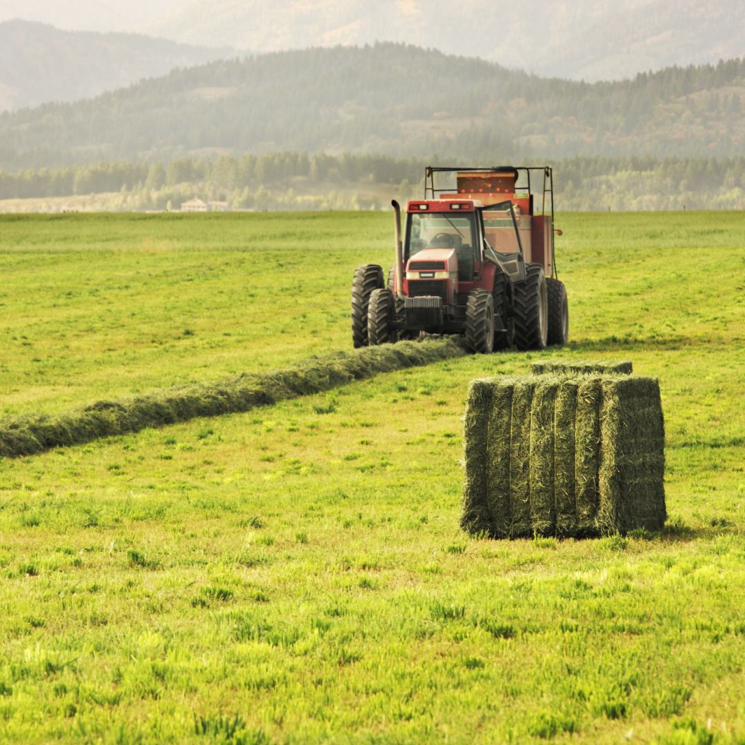 Hay baler and a bale of hay.