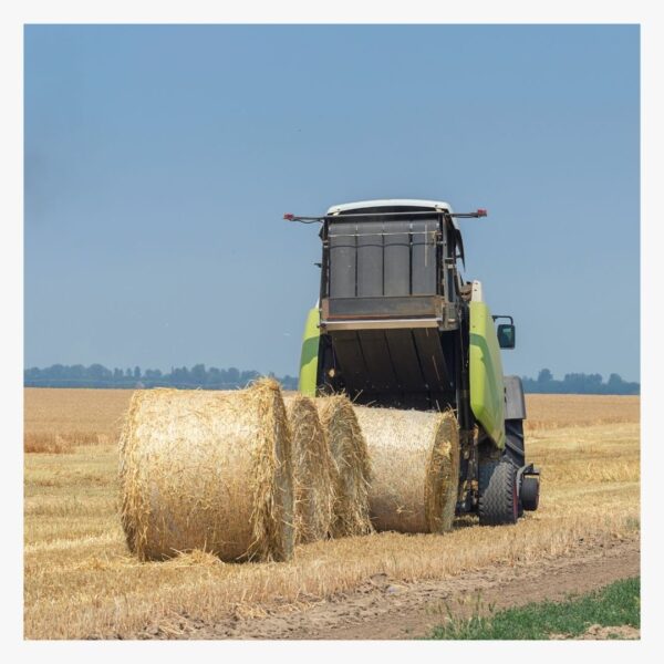 Round bales of hay behind a hay baler