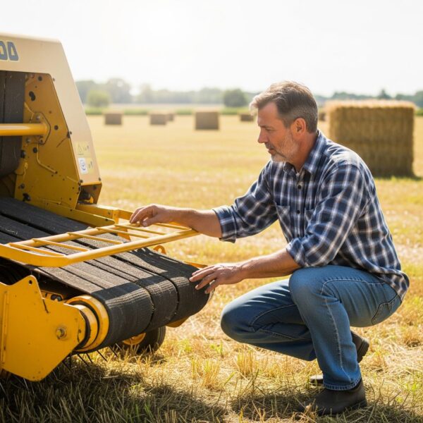 man replacing baler belt