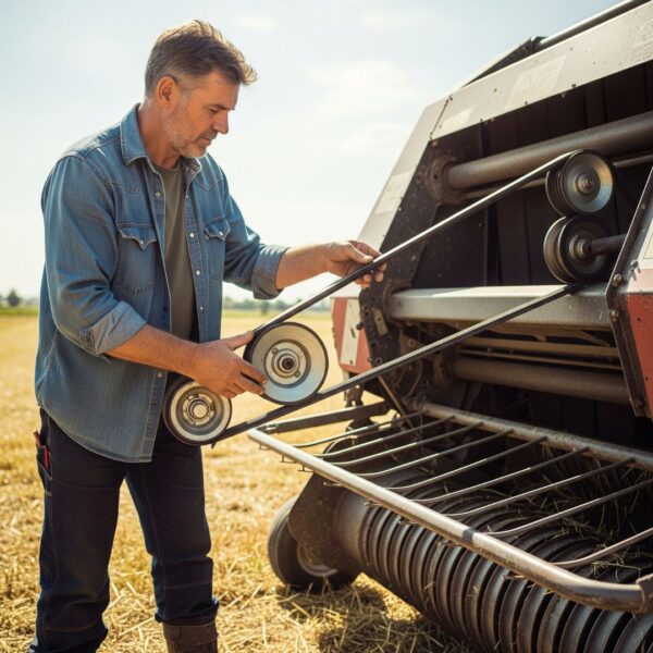 man working on baler belts