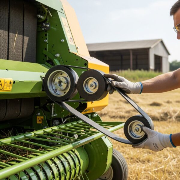 man replacing baler belt