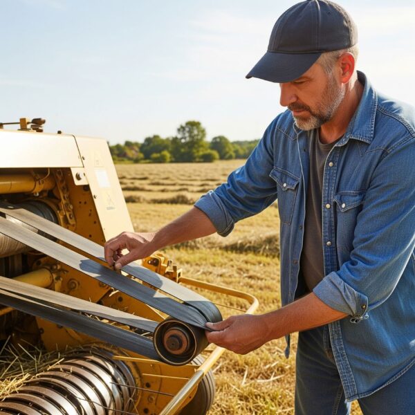man replaces baler belts