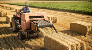farmer driving a machine with baler belts