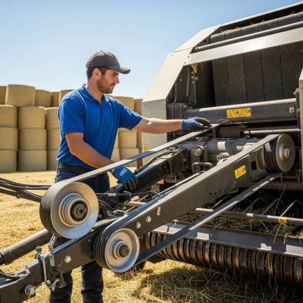 farmer working with baler belts