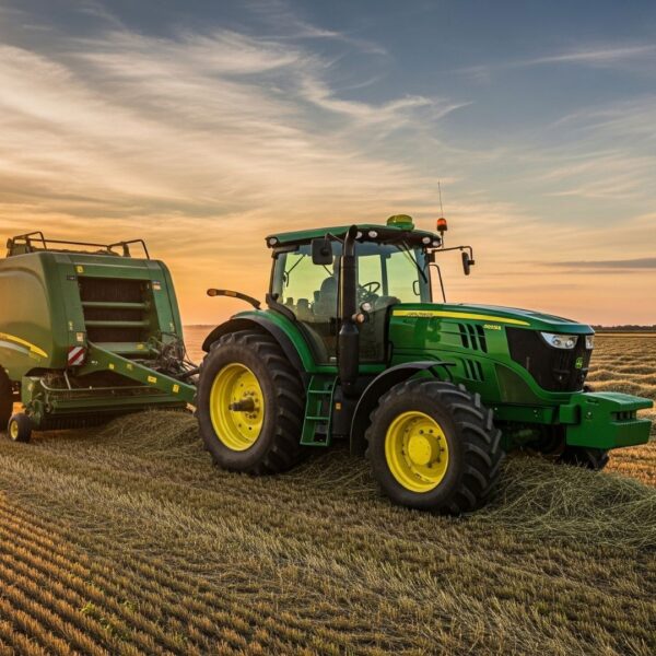 green tractor making bales