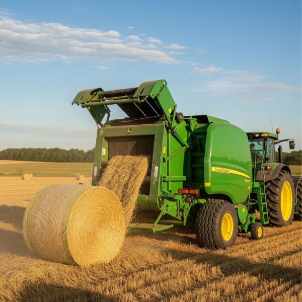 A round baler ejecting a hay bale.