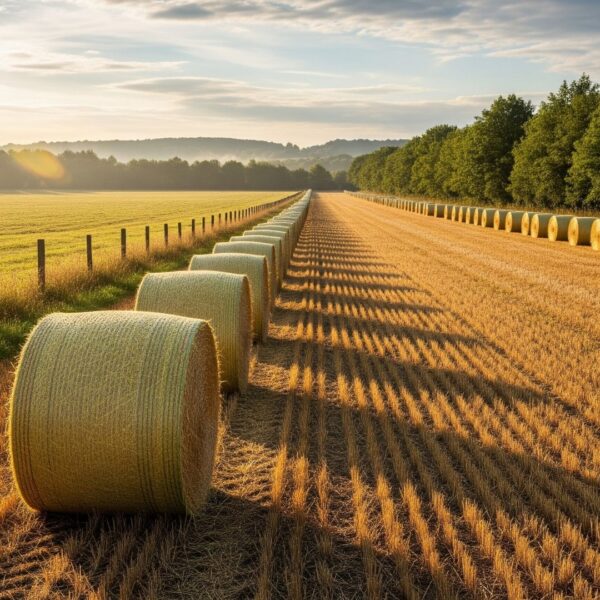 row of uniform, perfectly shaped round hay bales