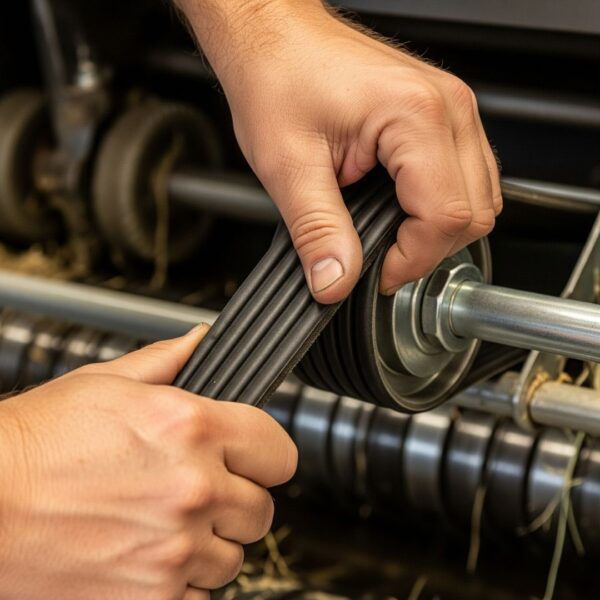 Farmer's hands tensioning a new baler belt.