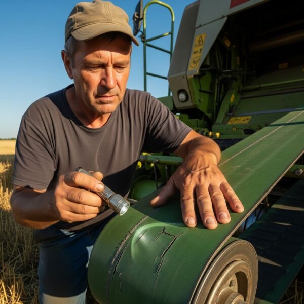 A farmer inspecting an agricultural belt for wear.