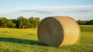 perfectly cylindrical hay bale sitting in a green pasture