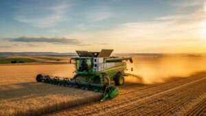 A modern combine harvester working in a golden field.