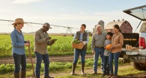 A diverse group of farm workers and a family interact near a pickup truck in a lush green vegetable field.