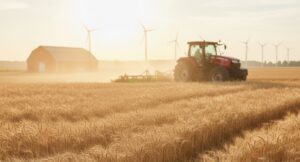 A red tractor works a golden wheat field at sunset with a barn and wind turbines in the distant background.
