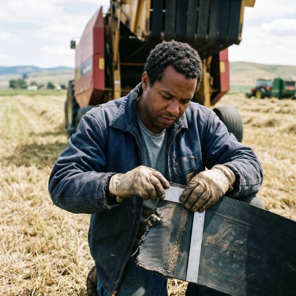 man making emergency baler belt repairs