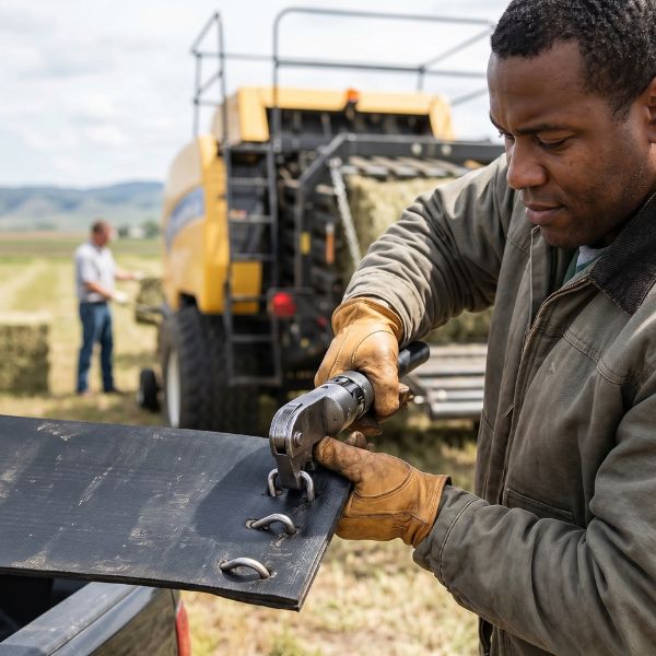 man making emergency baler belt repairs