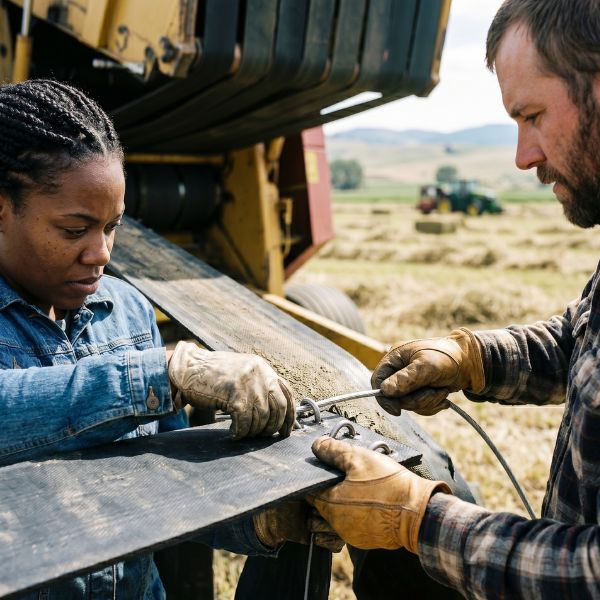 man making emergency baler belt repairs