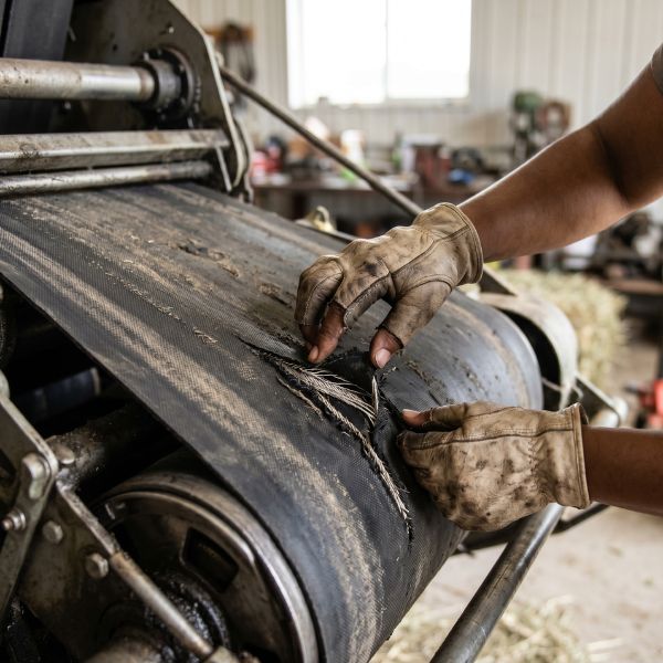 man with broken baler belt