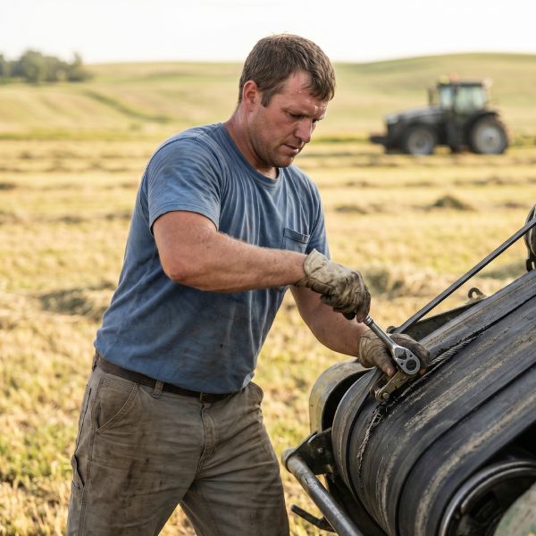 man fixing broken baler belt