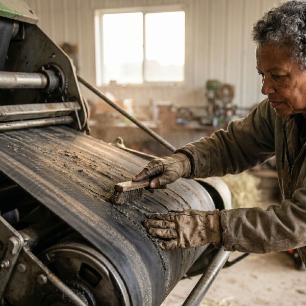 woman fixing broken baler belt