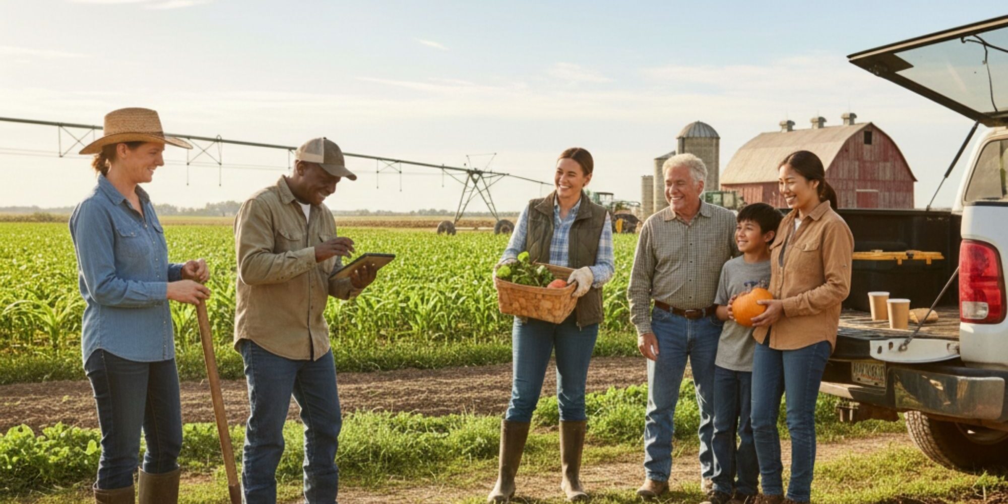 A diverse group of farm workers and a family interact near a pickup truck in a lush green vegetable field.
