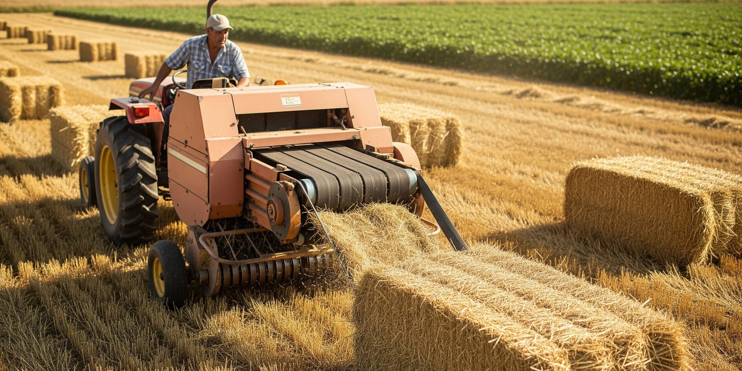 farmer driving a machine with baler belts