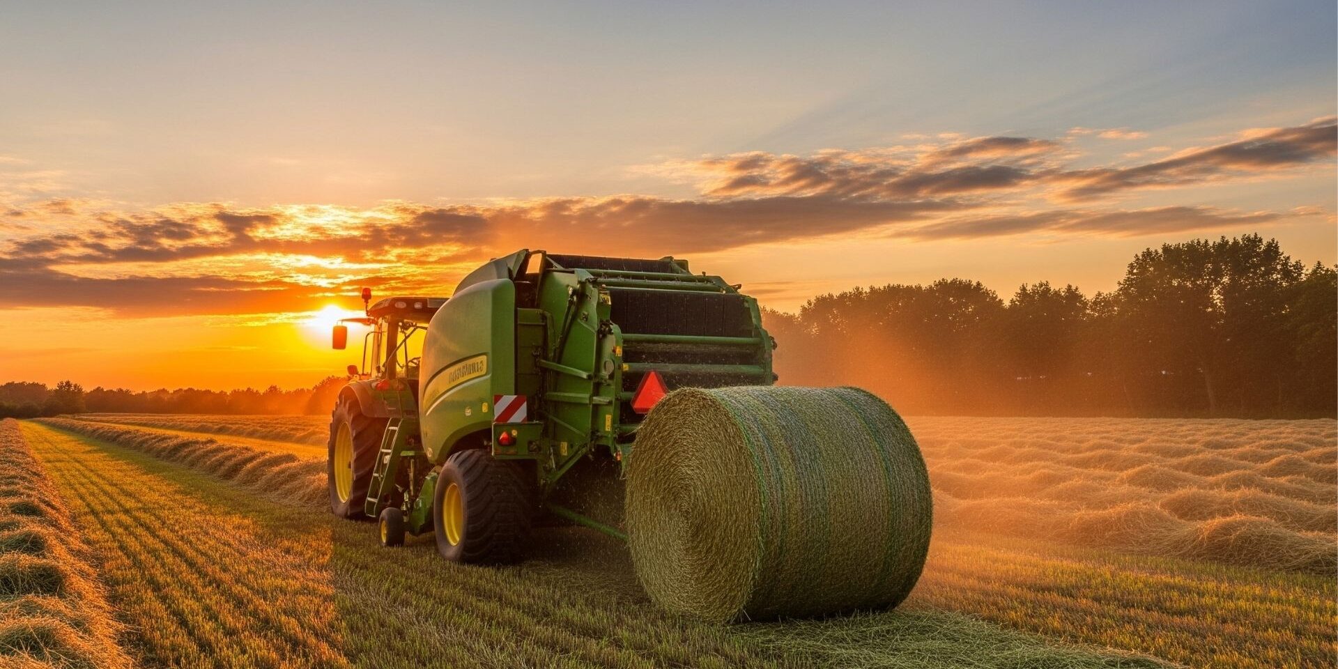 green tractor pulling a hay baler in a field