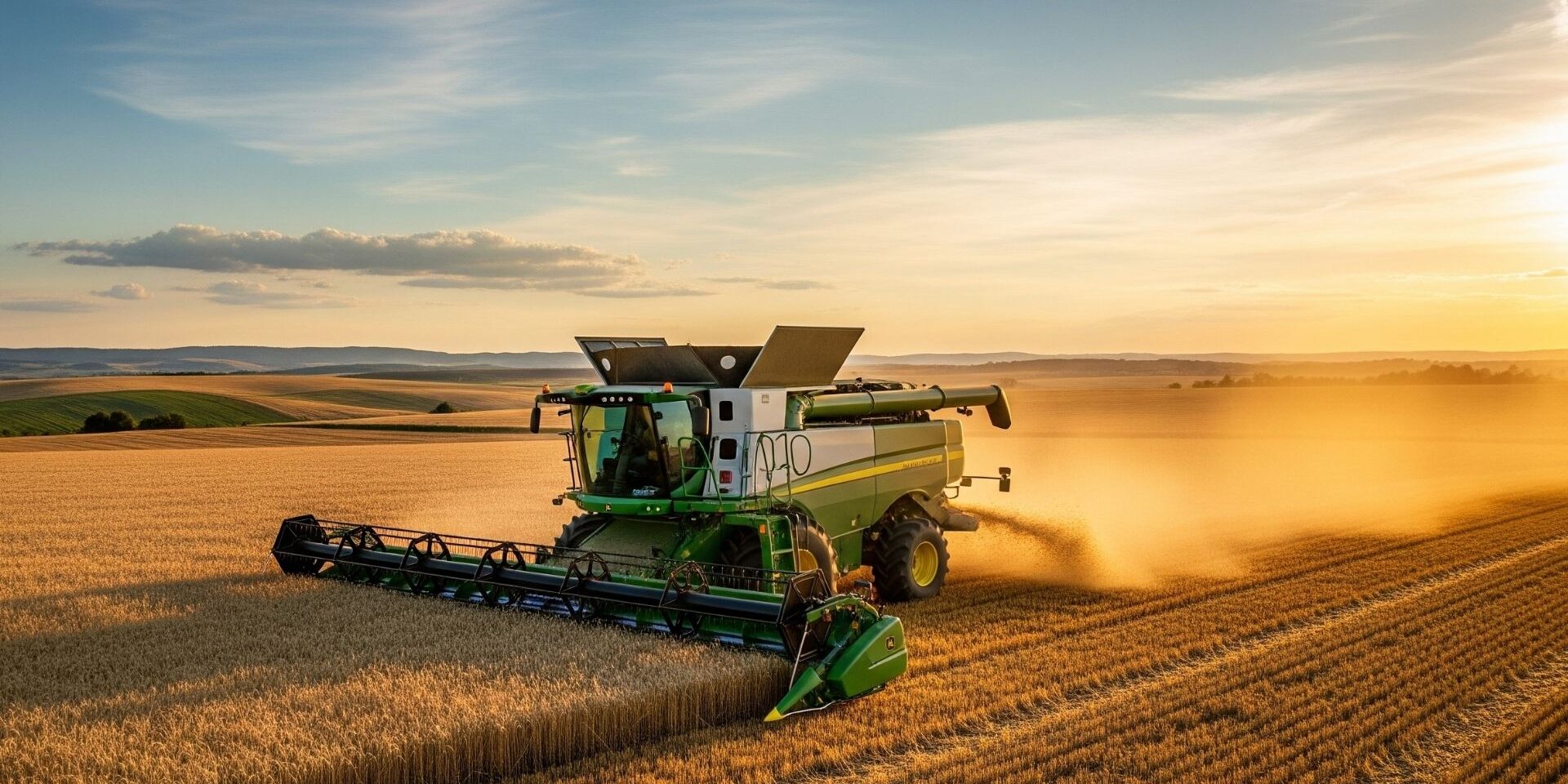 A modern combine harvester working in a golden field.