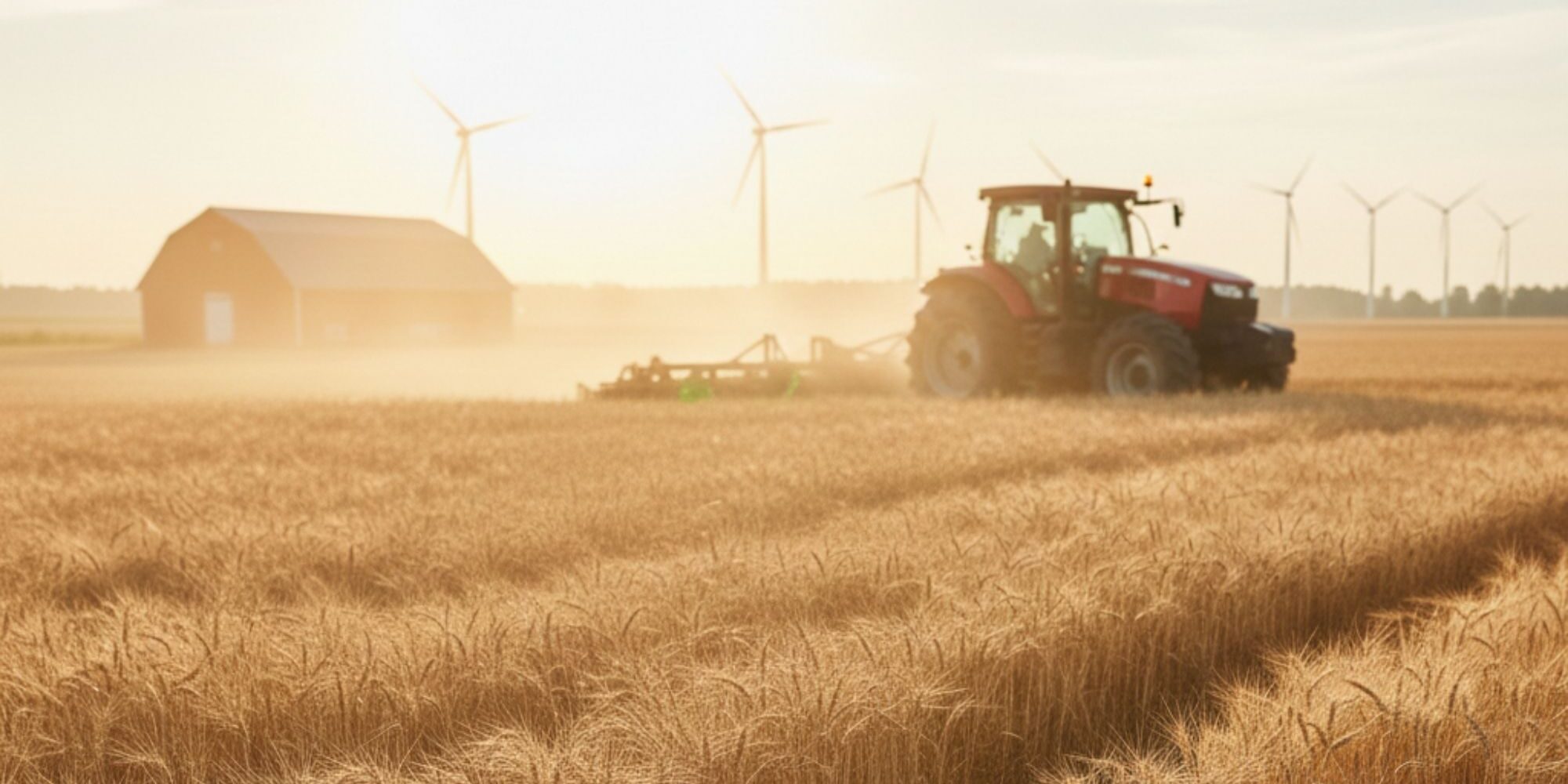 A red tractor works a golden wheat field at sunset with a barn and wind turbines in the distant background.